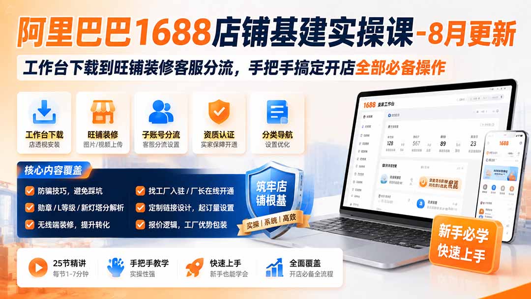 阿里巴巴1688店铺基建实操课-8月更新；工作台下载到旺铺装修客服分流，手把手搞定开店全部必备操作 - 福创网