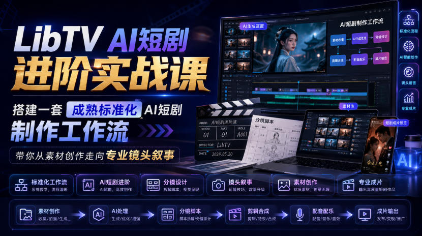 LibTV AI短剧进阶实战课，搭建一套成熟标准化AI短剧制作工作流，带你从素材创作走向专业镜头叙事 - 福创网