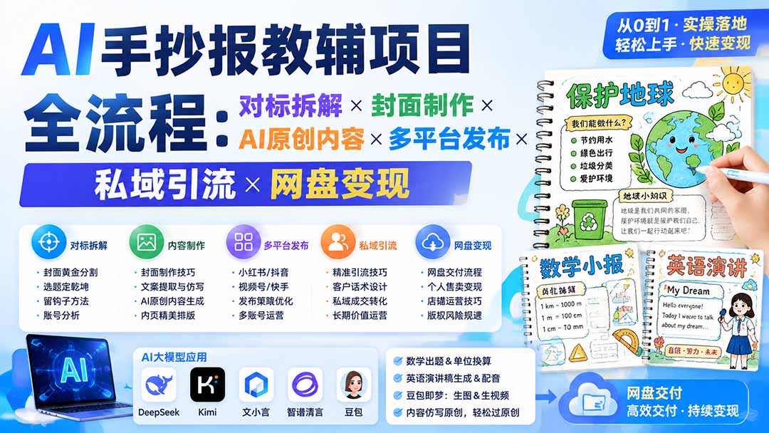 AI手抄报教辅项目全流程,从0到1,实操落地,轻松上手,快速变现