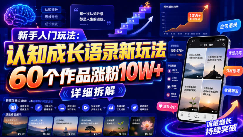 新手入门玩法，认知成长语录新玩法，60个作品涨粉10W+ - 福创网