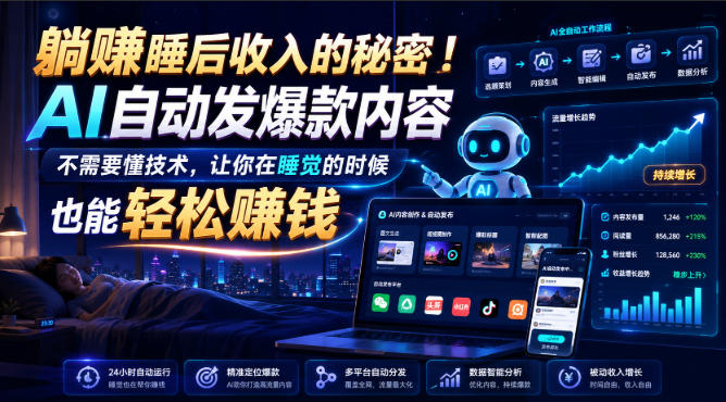 躺賺睡后收入的秘密！AI自动发爆款内容，不需要懂技术，让你在睡觉的时候也能轻松賺钱 - 福创网
