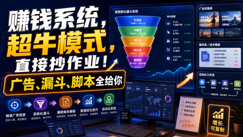 賺钱系统，超牛模式，直接抄作业！广告、漏斗、脚本全给你 - 福创网