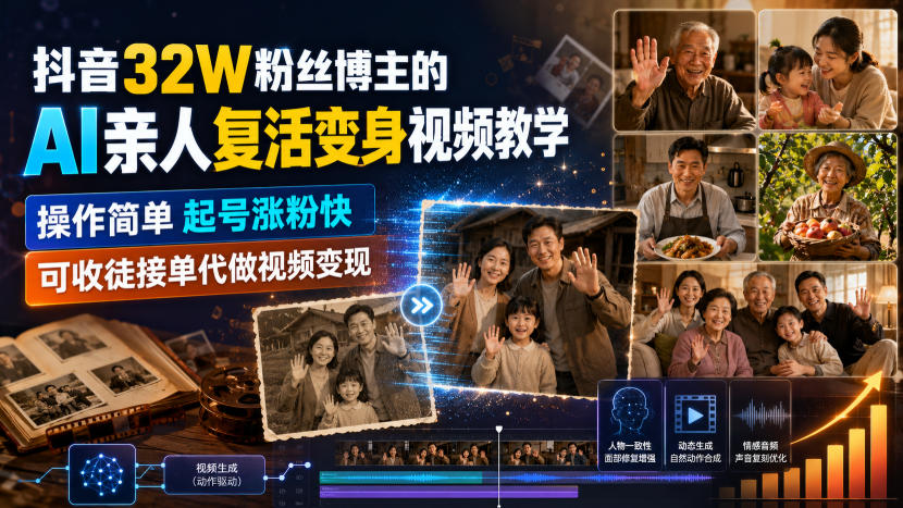 抖音32W粉丝博主的AI亲人复活变身视频教学，操作简单，起号涨粉快，可收徒接单代做视频变现 - 福创网