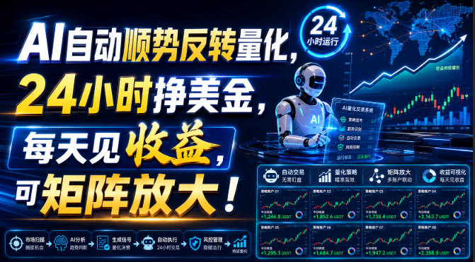AI自动顺势反转量化，24小时挣美金，每天见收益，可矩阵放大！ - 福创网