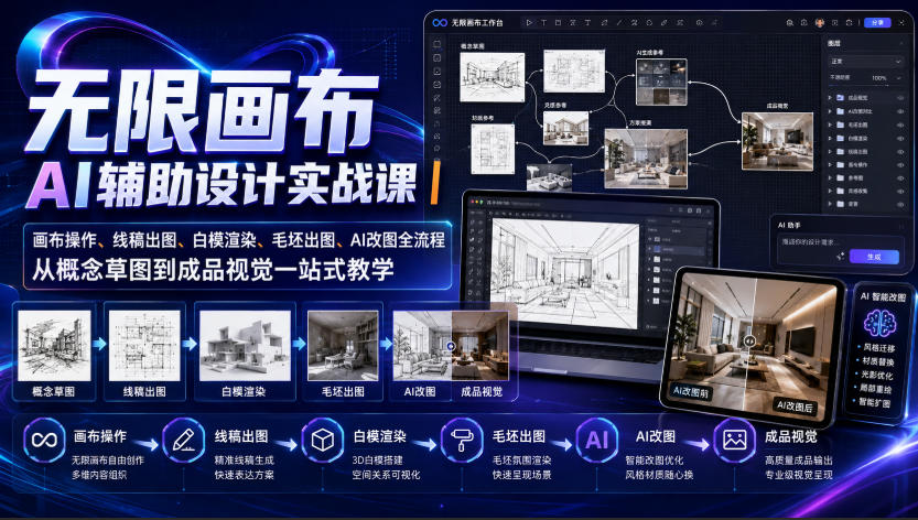 无限画布AI辅助设计实战课｜画布操作、线稿出图、白模渲染、毛坯出图、AI改图全流程，从概念草图到成品视觉一站式教学 - 福创网