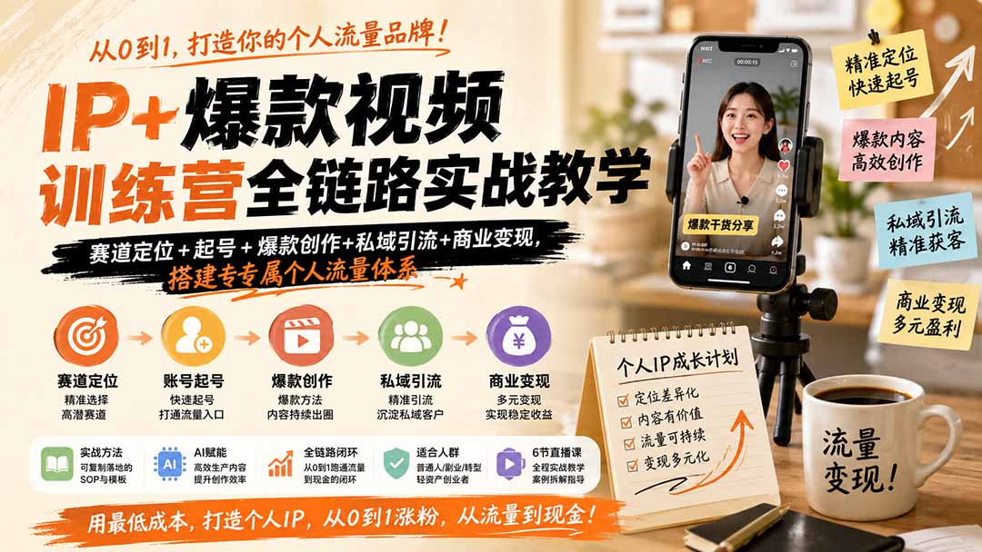 IP+爆款视频训练营全链路实战教学；赛道定位+起号+爆款创作+私域引流+商业变现，搭建专属个人流量体系 - 福创网