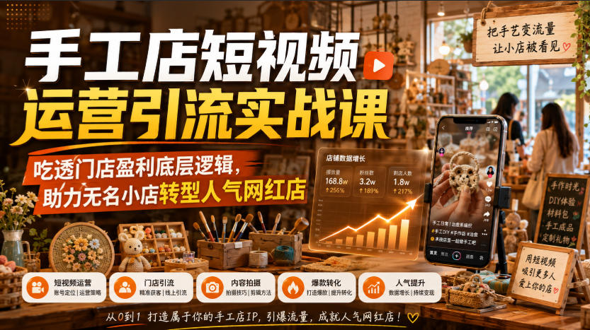 手工店短视频运营引流实战课，吃透门店盈利底层逻辑，助力无名小店转型人气网红店 - 福创网