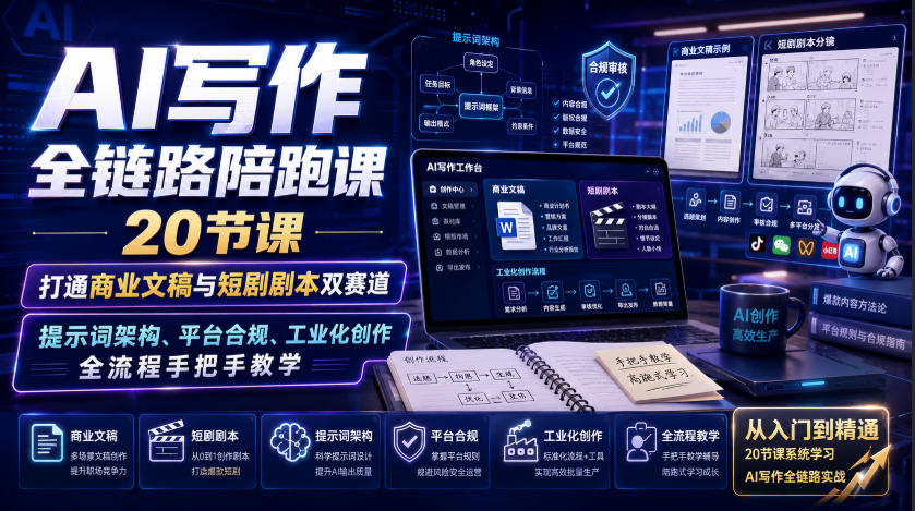 AI写作全链路陪跑课｜20节课打通商业文稿与短剧剧本双赛道，提示词架构、平台合规、工业化创作全流程手把手教学 - 福创网