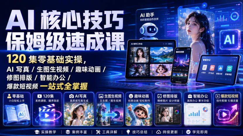 AI核心技巧保姆级速成课｜120集零基础实操，AI写真/生图生视频/趣味动画/修图排版/智能办公/爆款短视频一站式全掌握 - 福创网