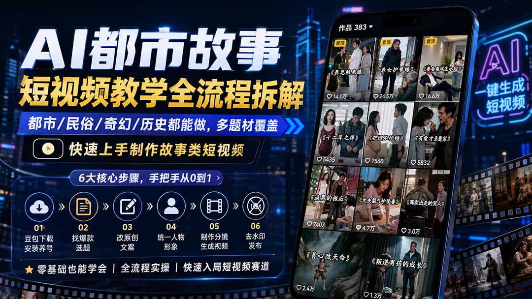 AI都市故事短视频教学全流程拆解,零基础也能学会,全流程实操,快速入局短视频赛道