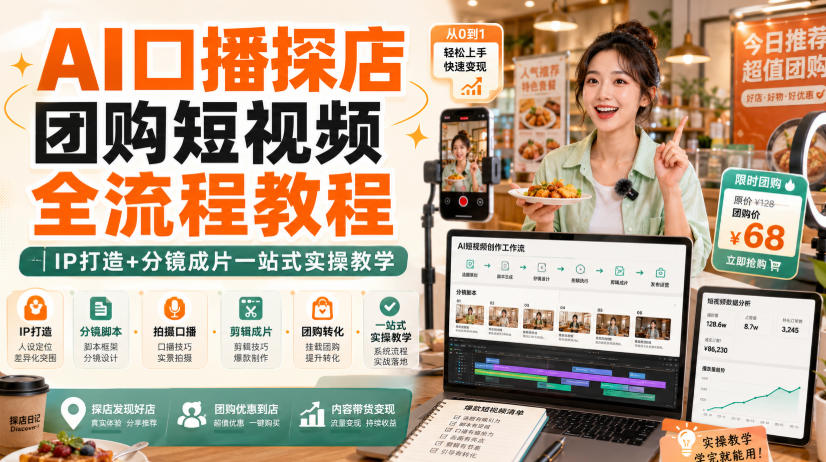 AI口播探店团购短视频全流程教程，IP打造+分镜成片一站式实操教学 - 福创网