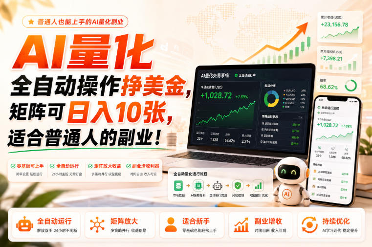 AI量化全自动操作挣美金，矩阵可日入10张，适合普通人的副业！ - 福创网