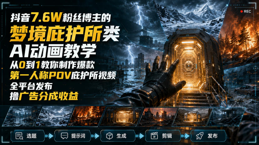 抖音7.6W粉丝博主的梦境庇护所类AI动画教学，从0到1教你制作爆款第一人称POV庇护所视频，全平台发布撸广告分成收益 - 福创网