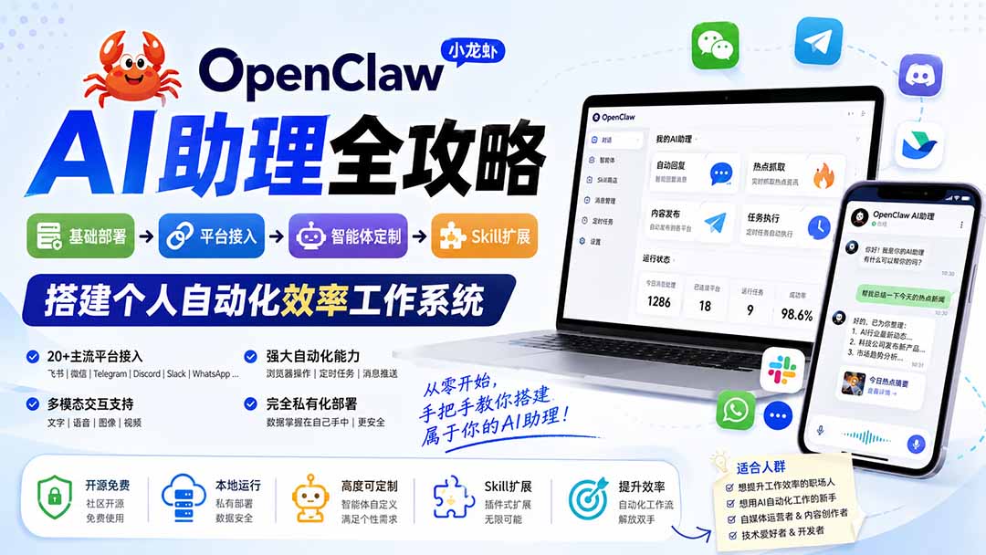 OpenClaw小龙虾AI助理全攻略:基础部署→平台接入→智能体定制→Skill扩展,搭建个人自动化效率工作系统