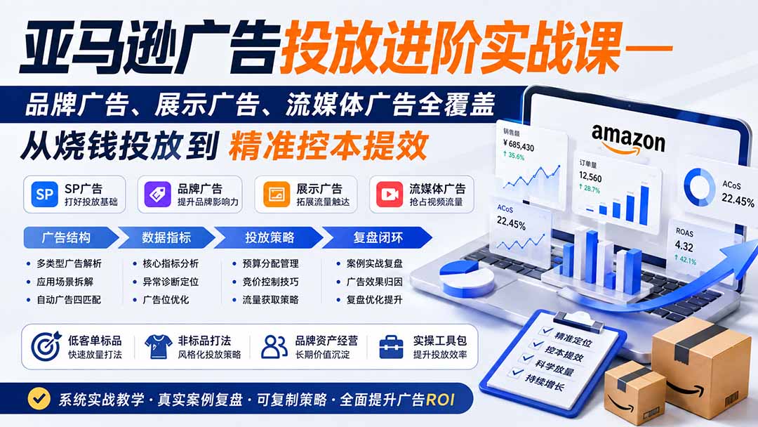 亚马逊广告投放进阶实战课—品牌广告、展示广告、流媒体广告全覆盖,从烧钱投放到精准控本提效