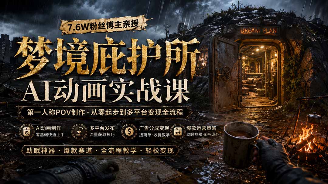 7.6W粉丝博主亲授梦境庇护所AI动画实战教程,第一人称POV制作,从零起步到多平台发布变现全流程