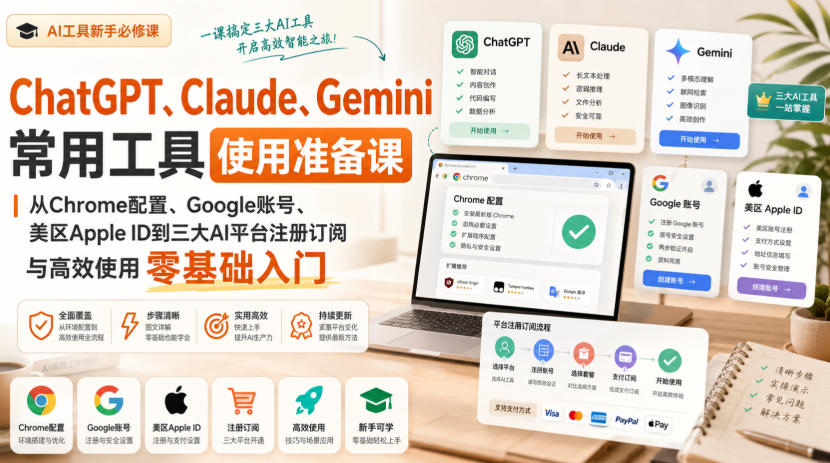 ChatGPT、Claude、Gemini常用工具使用准备课，从零开始手把手带你搞定三大AI工具的全部前置准备 - 福创网