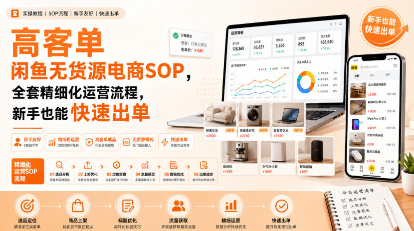 高客单闲鱼无货源电商SOP，全套精细化运营流程，新手也能快速出单 - 福创网