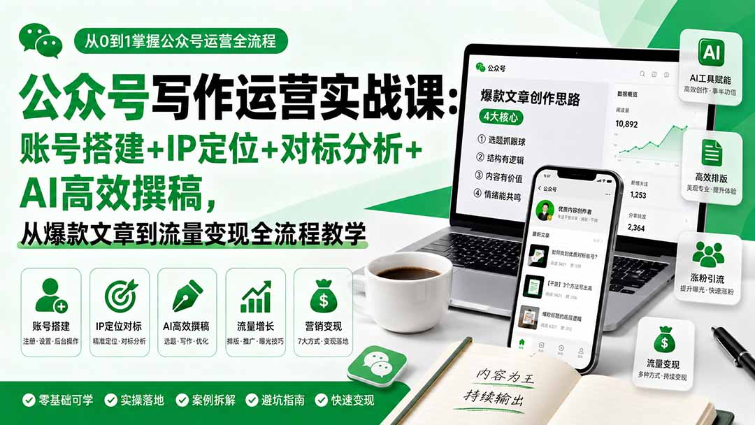 公众号写作运营实战课：账号搭建+IP定位+对标分析+AI高效撰稿，从爆款文章到流量变现全流程教学 - 福创网