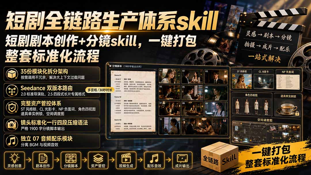 短剧全链路生产体系skill，短剧剧本创作+分镜skill，一键打包，整套标准化流程 - 福创网
