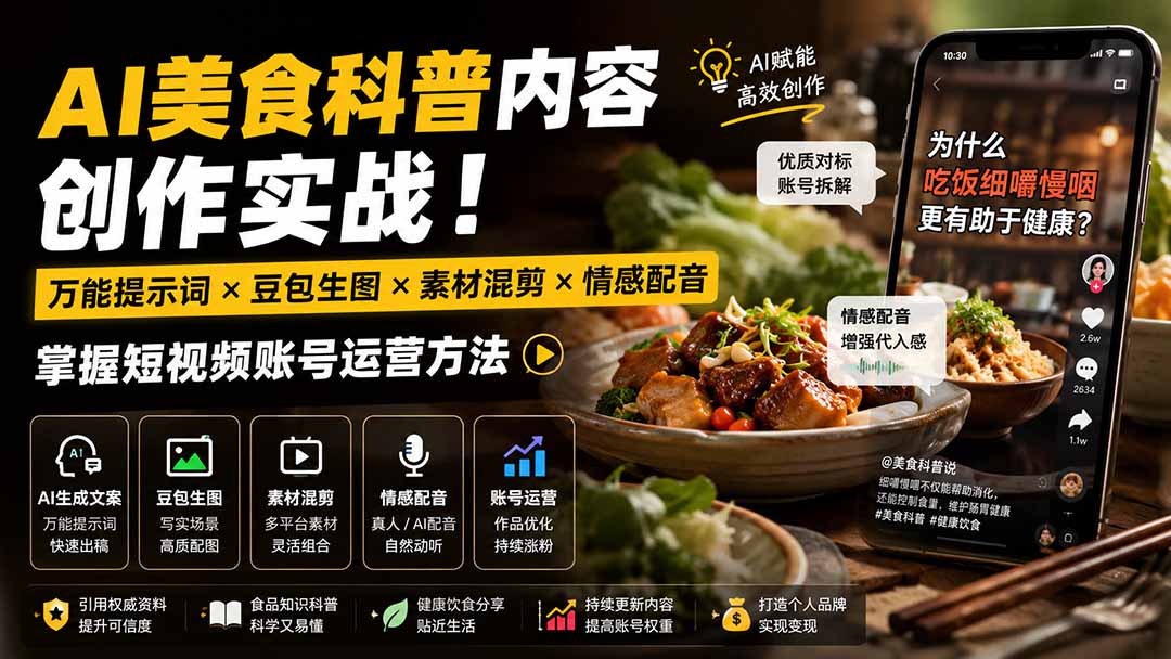 外面卖199元-AI美食科普内容创作与账号运营实操课程 - 福创网