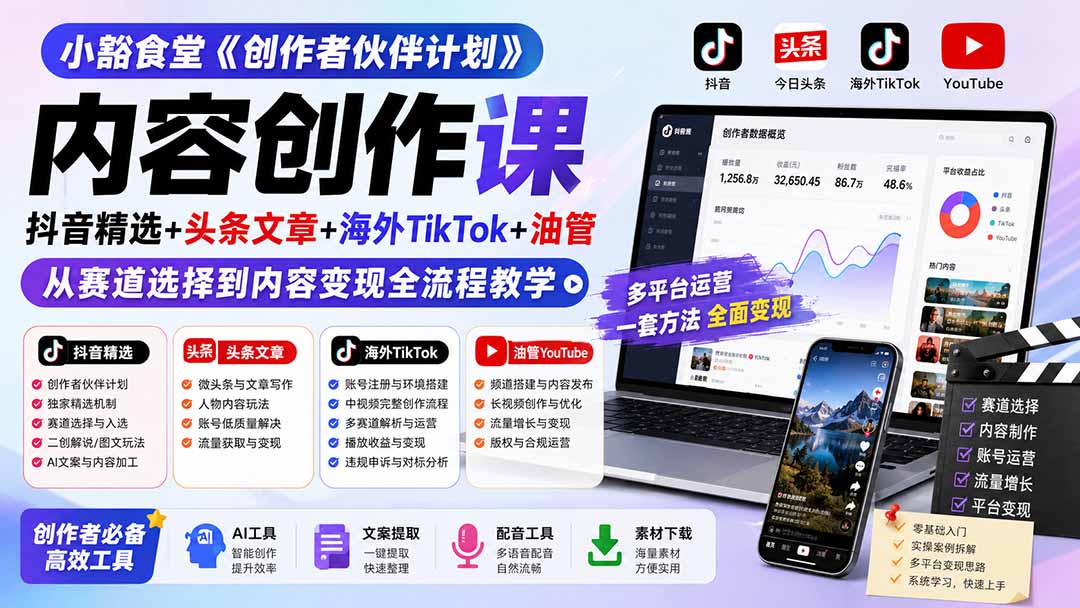 小豁食堂《创作者伙伴计划》内容创作课：抖音精选+头条文章+海外TikTok+油管，从赛道选择到内容变现全流程教学 - 福创网