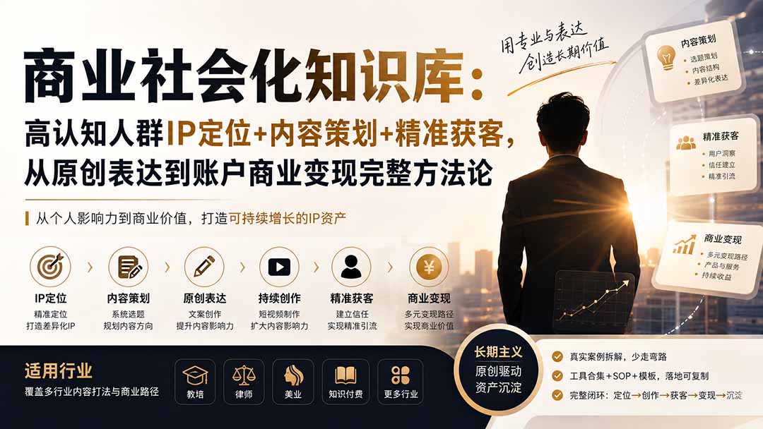 商业社会化知识库：高认知人群IP定位+内容策划+精准获客，从原创表达到账户商业变现完整方法论 - 福创网