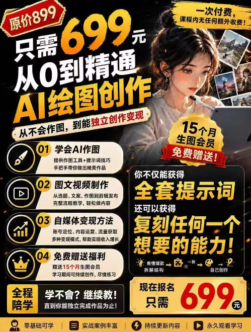 抖音10W粉丝博主的AI绘图教学，从0到精通AI绘图创作，从不会作图到能独立创作变现 - 福创网