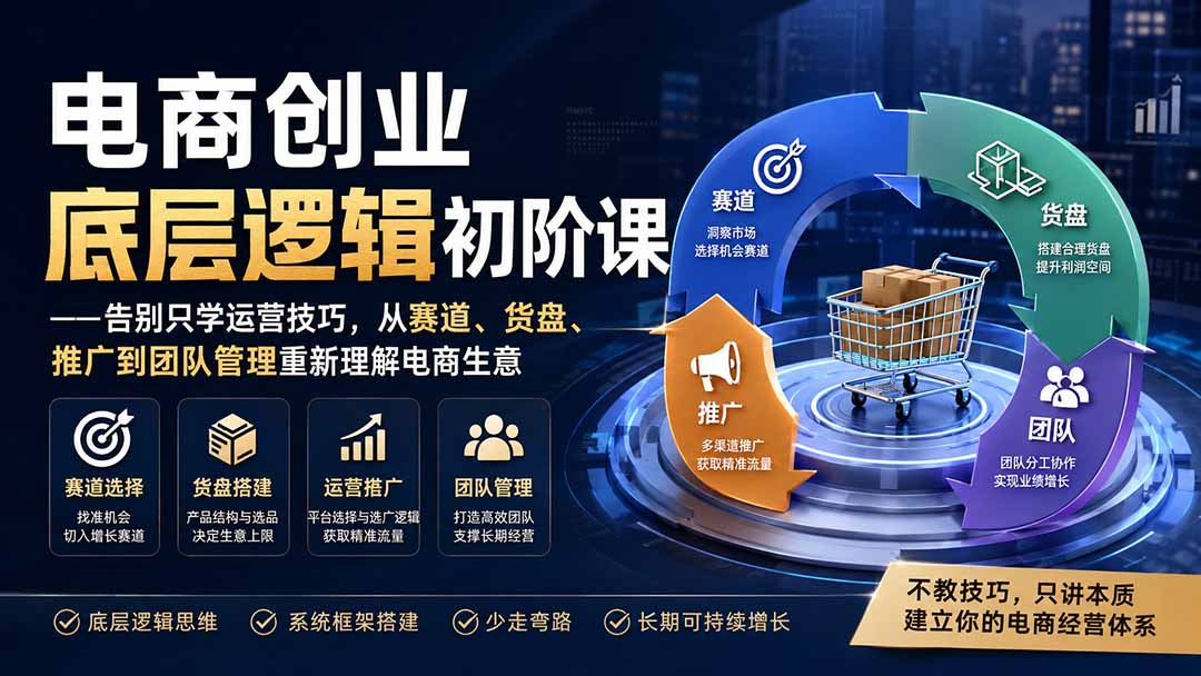 电商创业底层逻辑初阶课-告别只学运营技巧,从赛道、货盘、推广到团队管理重新理解电商生意