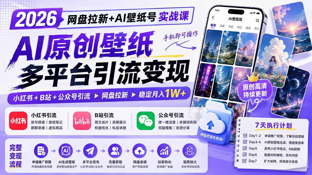 2026网盘拉新+AI原创壁纸实战课:小红书+B站+公众号,多平台引流变现,月入1W+