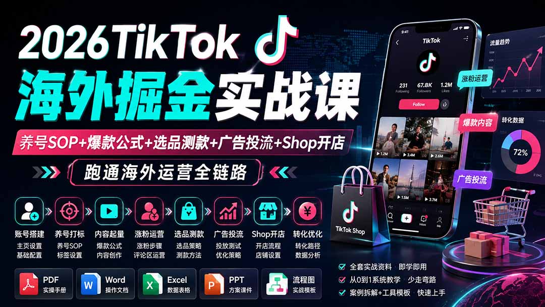 2026TikTok海外掘金实战课:养号SOP+爆款公式+选品测款+广告投流+Shop开店,跑通海外运营全链路