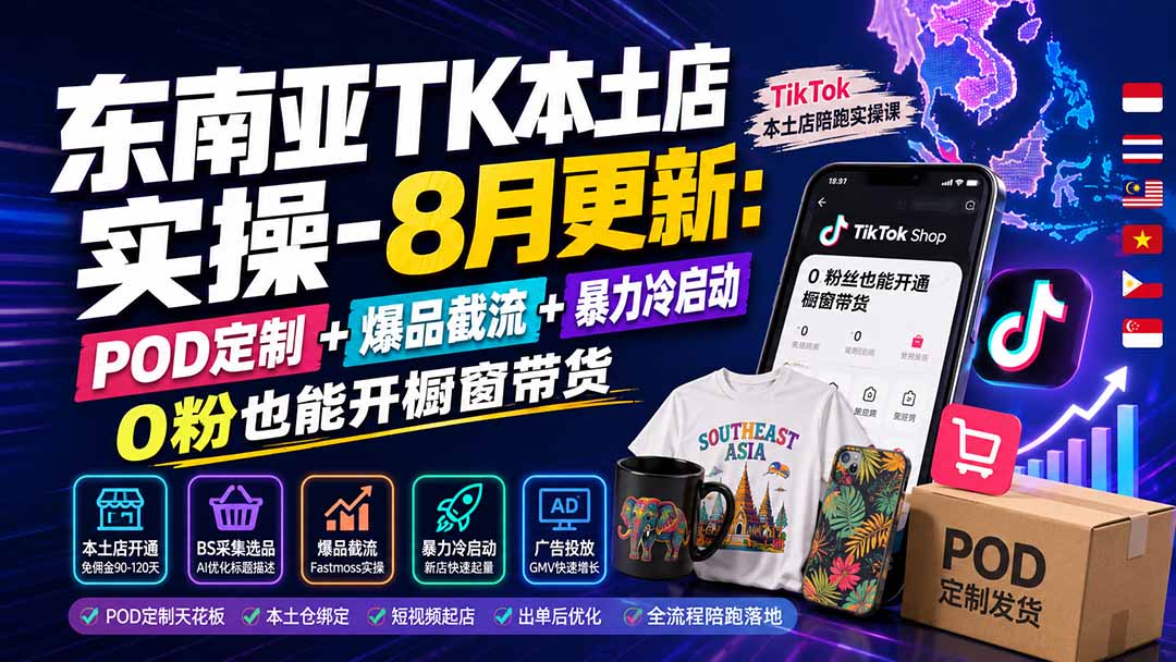 东南亚TK本土店实操-8月更新：POD定制+爆品截流+暴力冷启动，0粉也能开橱窗带货 - 福创网