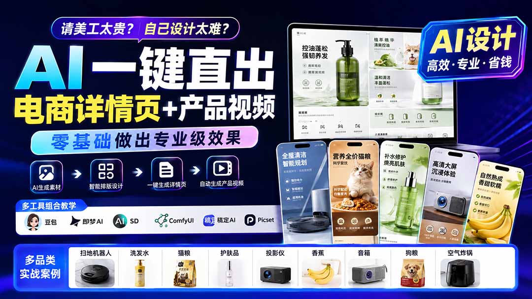请美工太贵?自己设计太难?AI一键直出电商详情页+产品视频,零基础做出专业级效果
