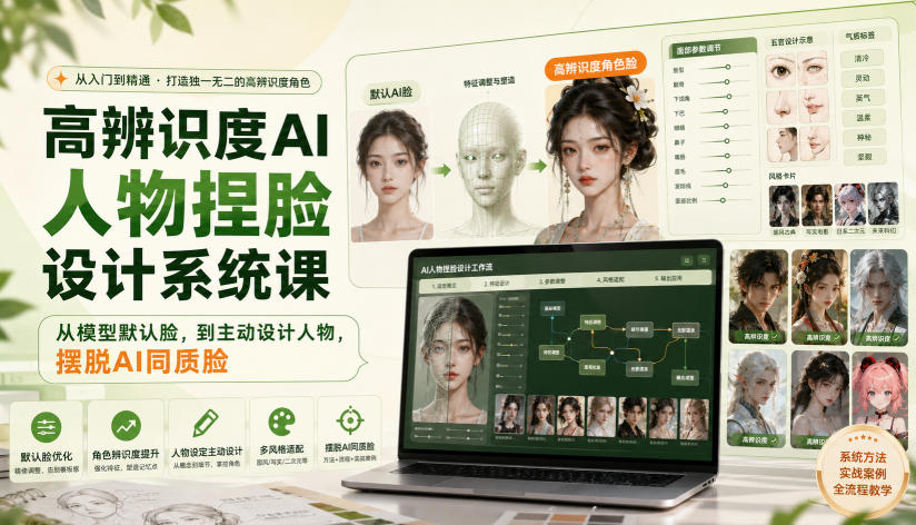 高辨识度AI人物捏脸设计系统课，从模型默认脸，到主动设计人物，摆脱AI同质脸 - 福创网