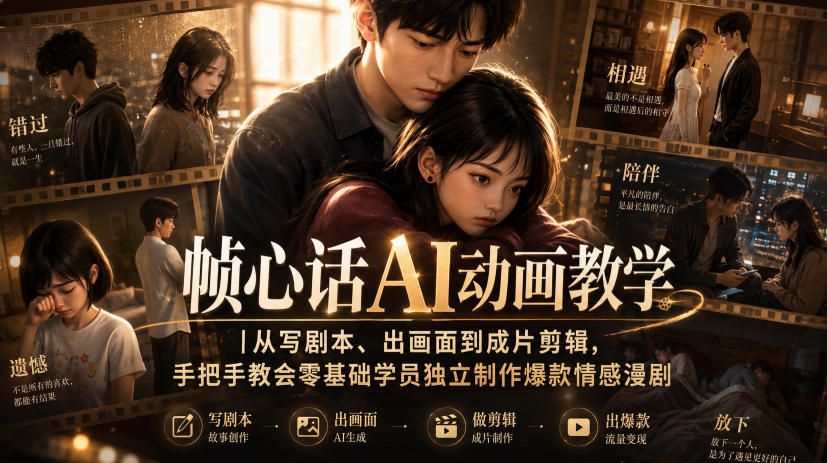 帧心话AI动画教学｜从写剧本、出画面到成片剪辑，手把手教会零基础学员独立制作爆款情感漫剧 - 福创网