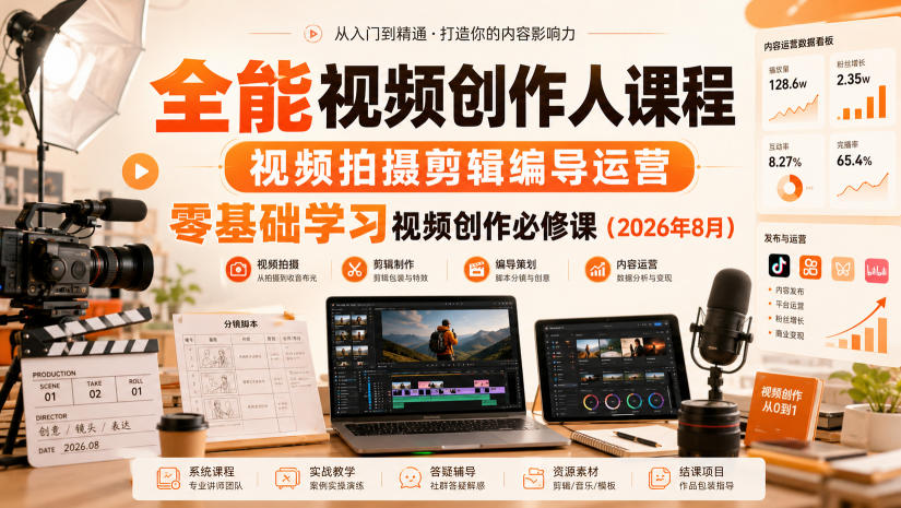 全能视频创作人课程，视频拍摄剪辑编导运营，零基础学习视频创作必修课(2026年8月) - 福创网