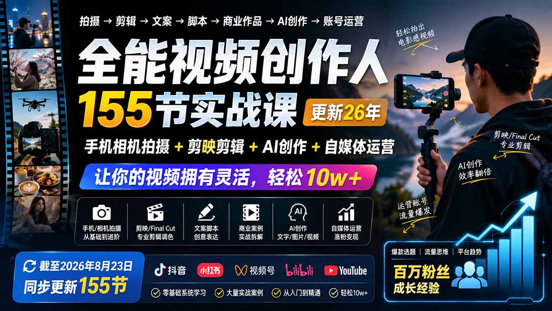 全能视频创作人155节实战课-更新26年8月：手机相机拍摄+剪映剪辑+AI创作+自媒体运营，让你的视频拥有灵活，轻松10w - 福创网