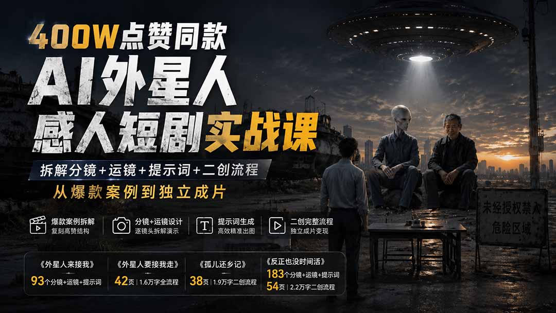 400W点赞同款AI外星人感人短剧实战课：拆解分镜+运镜+提示词+二创流程，从爆款案例到独立成片 - 福创网
