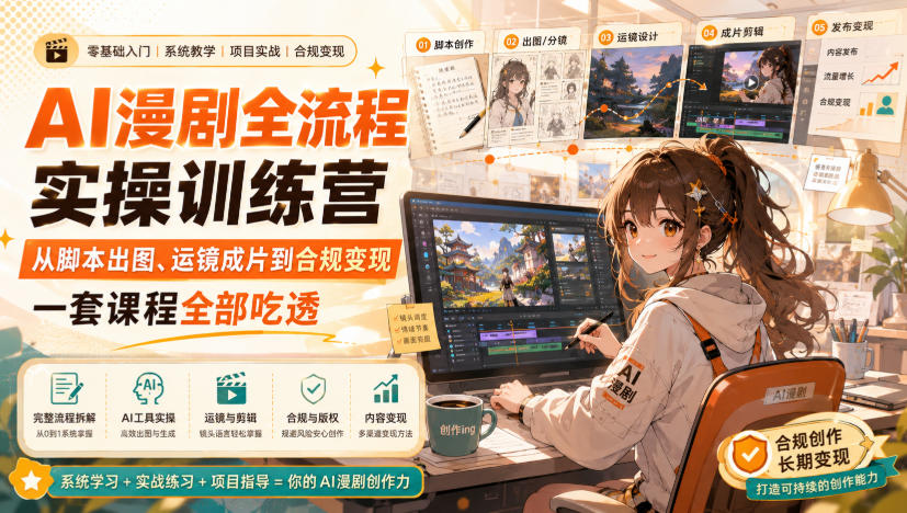 AI漫剧全流程实操训练营，从脚本出图、运镜成片到合规变现，一套课程全部吃透 - 福创网