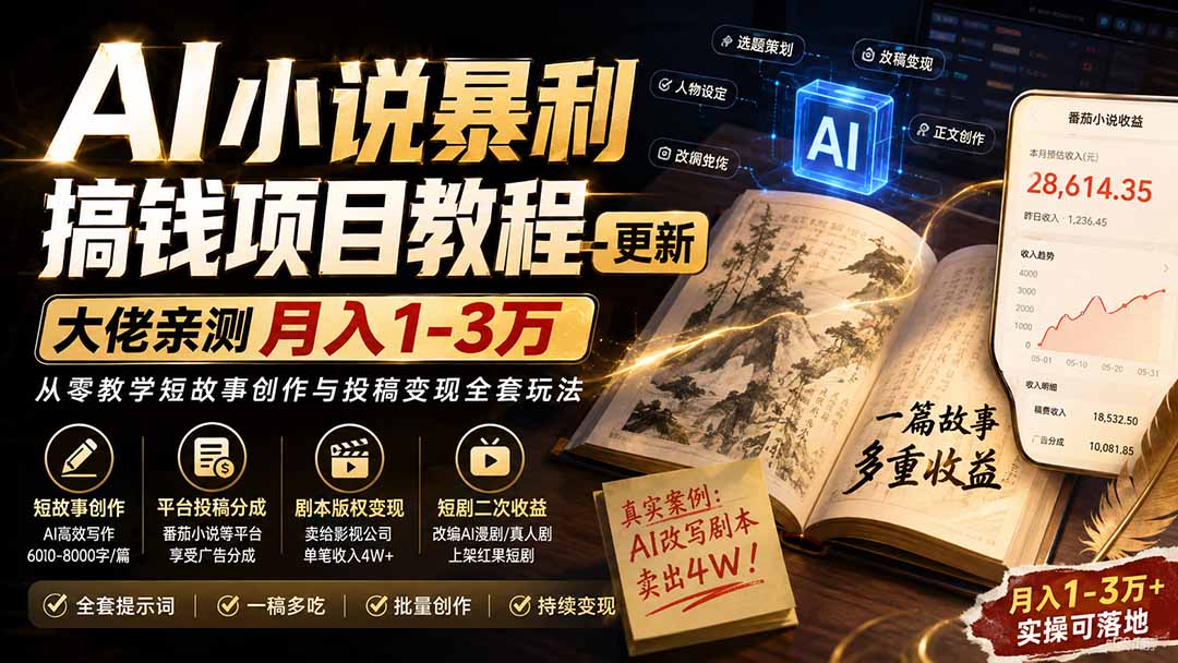 AI小说暴利搞钱项目教程更新,大佬亲测月入1-3万,从零教学短故事创作与投稿变现全套玩法
