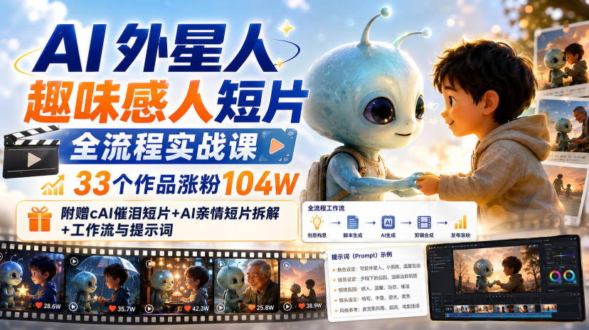 AI外星人趣味感人短片全流程实战课，33个作品涨粉104W，附赠AI催泪短片+AI亲情短片拆解+工作流与提示词 - 福创网