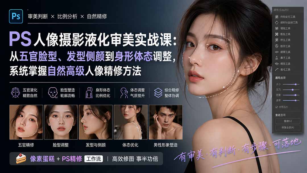 PS人像摄影液化审美实战课：从五官脸型、发型侧颜到身形体态调整，系统掌握自然高级人像精修方法 - 福创网