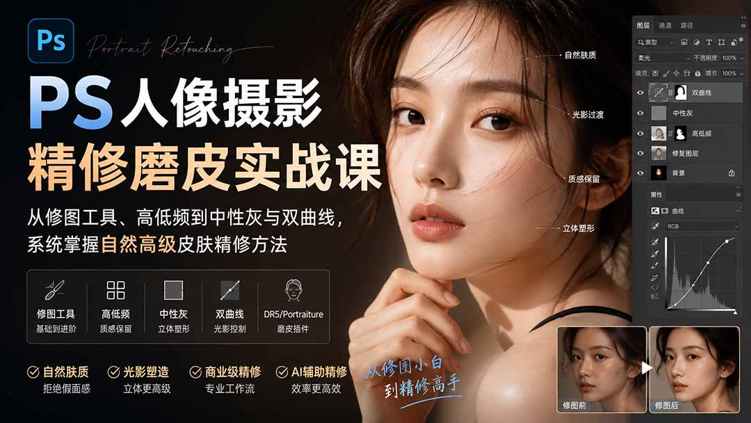 PS人像摄影精修磨皮实战课：从修图工具、高低频到中性灰与双曲线，系统掌握自然高级皮肤精修方法 - 福创网