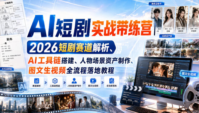 AI短剧实战带练营｜2026短剧赛道解析、AI工具链搭建、人物场景资产制作、图文生视频全流程落地教程 - 福创网