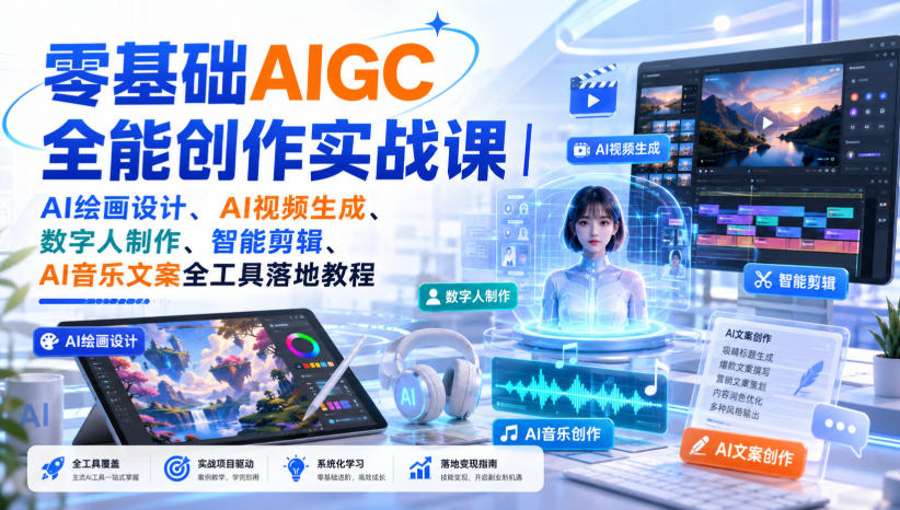 零基础AIGC全能创作实战课｜AI绘画设计、AI视频生成、数字人制作、智能剪辑、AI音乐文案全工具落地教程 - 福创网