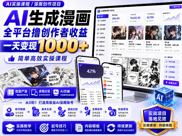AI生成漫画全平台撸创作者收益内部课程，实操最高单日变现1k+ - 福创网