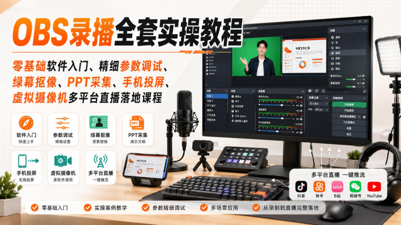 OBS录播全套实操教程｜零基础软件入门、精细参数调试、绿幕抠像、手机投屏、虚拟摄像机多平台直播落地课程 - 福创网