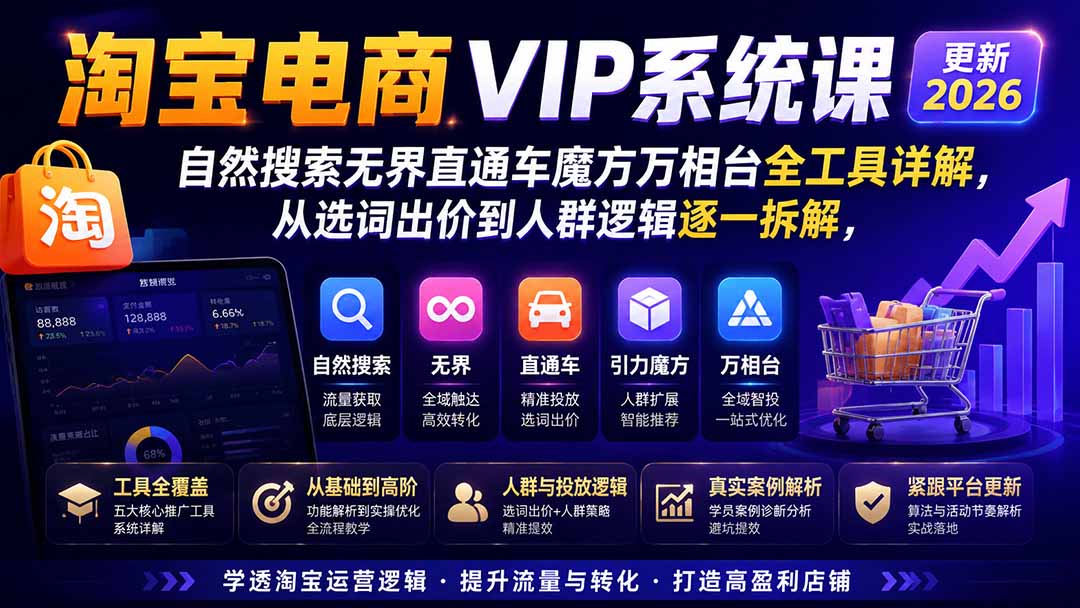 2026淘宝电商终局之战VIP课-更新：自然搜索+直通车+无界+精准人群，系统掌握测款动销与全店推广布局方法 - 福创网