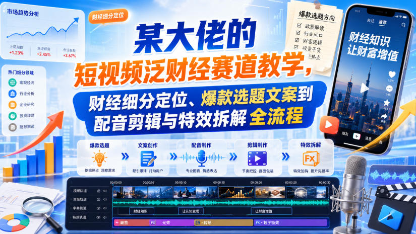 某大佬的短视频泛财经赛道教学，财经细分定位、爆款选题文案到配音剪辑与特效拆解全流程 - 福创网