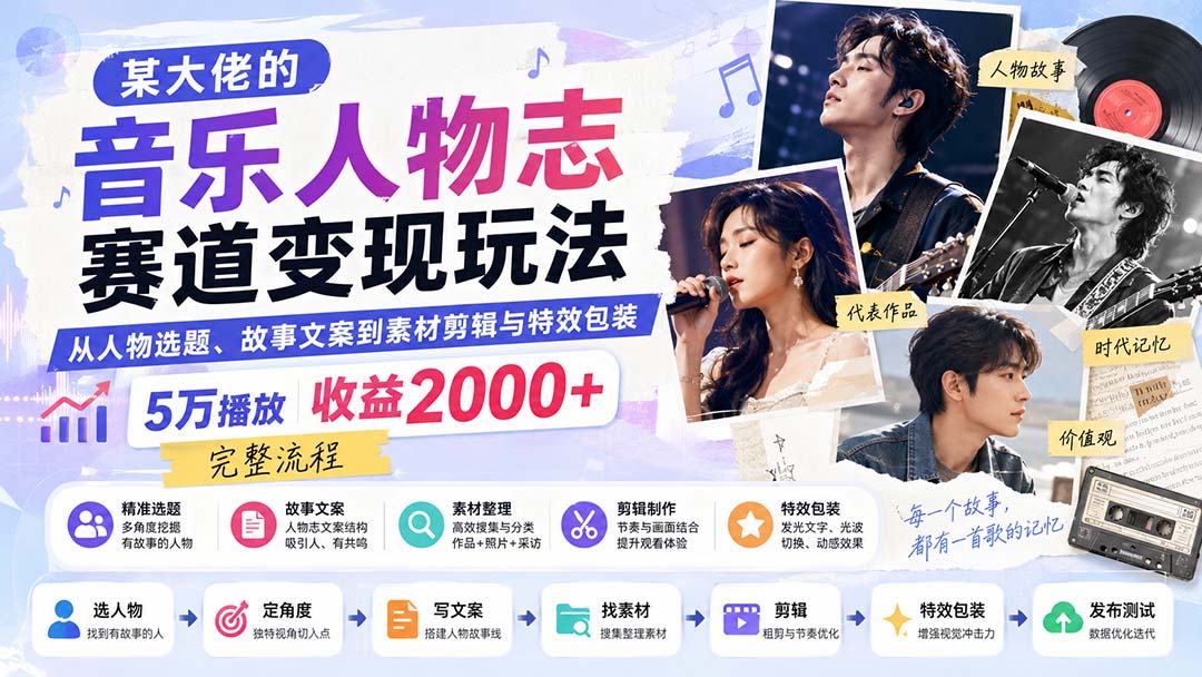 某大佬的音乐人物志赛道变现玩法：从人物选题、故事文案到素材剪辑与特效包装，5万播放收益2000+完整流程 - 福创网